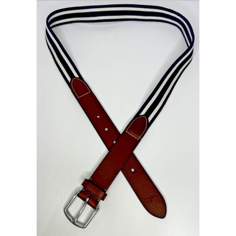 Polo Ralph Lauren Belt Sz 36 Blue White Striped Brown Leather Horse Preppy
